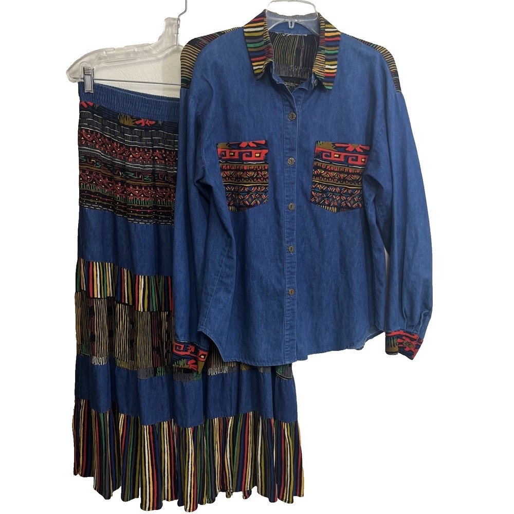Starfire Vintage 2pc Top & Skirt Set Size 10 Chambray Striped Trim Pockets